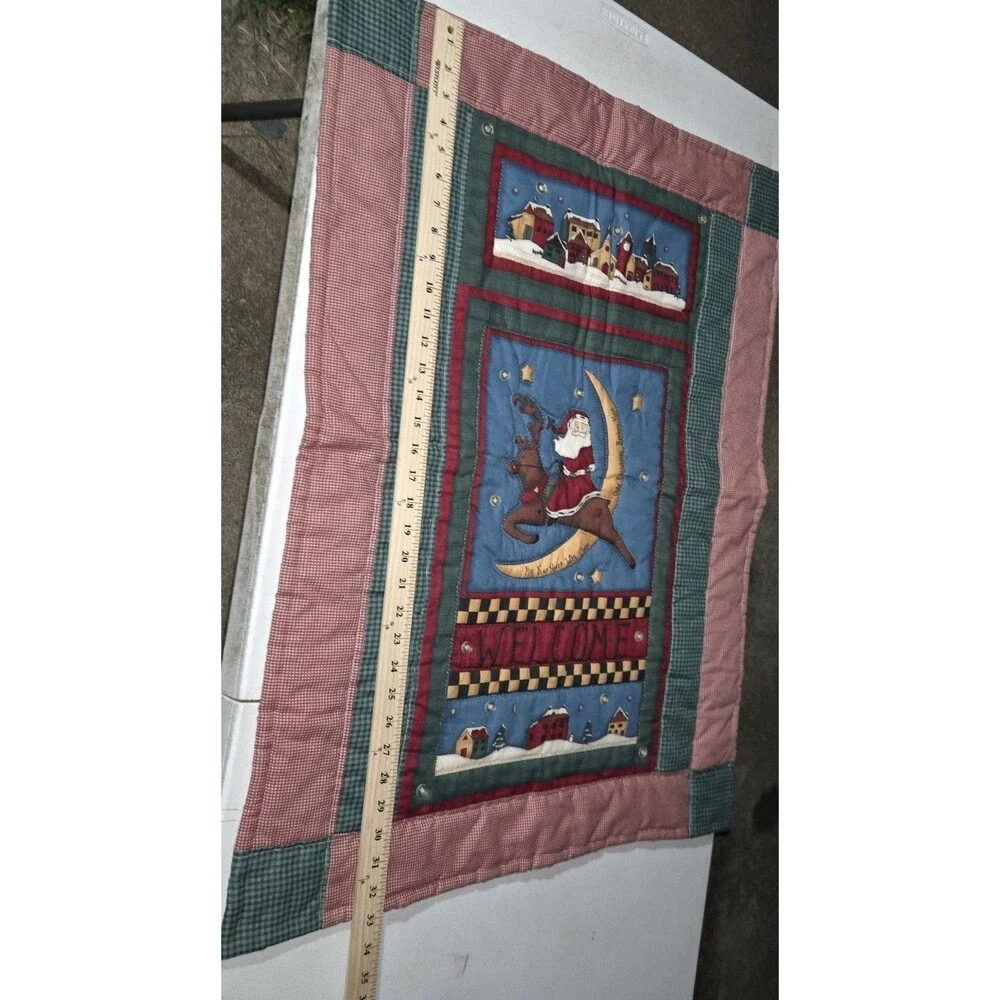 Vintage Primitive Christmas Quilt Wall Hanging Welcome Santa Moon Reindeer 24x34